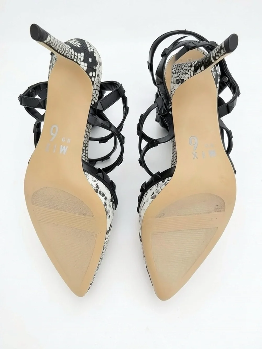 Mix No. 6 Black White Snakeskin Print Strappy Studded Pumps Heels - Size 8